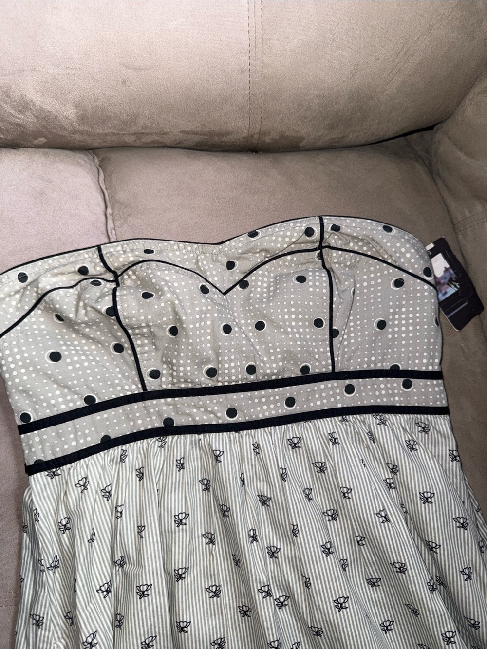 Kimchi Blue Cream and Black Polka Dot Strapless Mini Dress - Picture 2 of 7